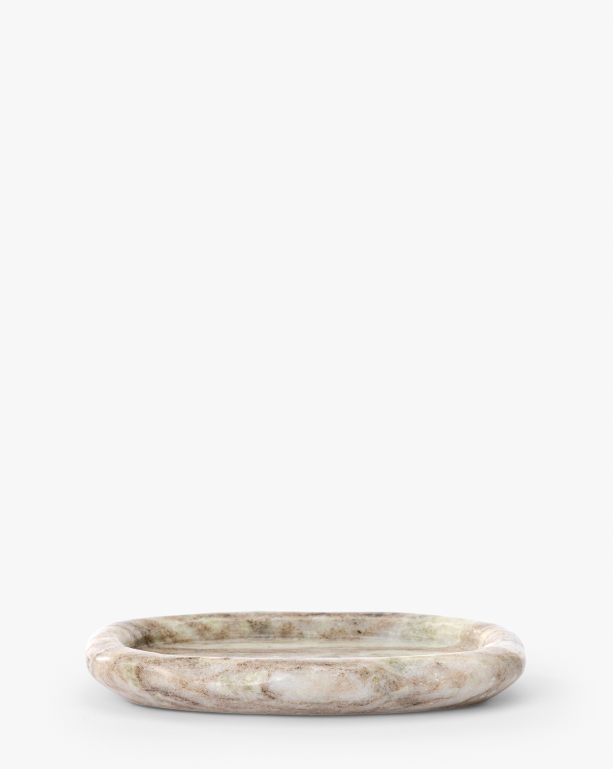 The Bristol Tray is a shallow, round marble vanity tray with a smooth rim and light grey, beige, and brown marbled patterns—ideal for organizing bathroom essentials—shown against a plain white background, by Vendixs