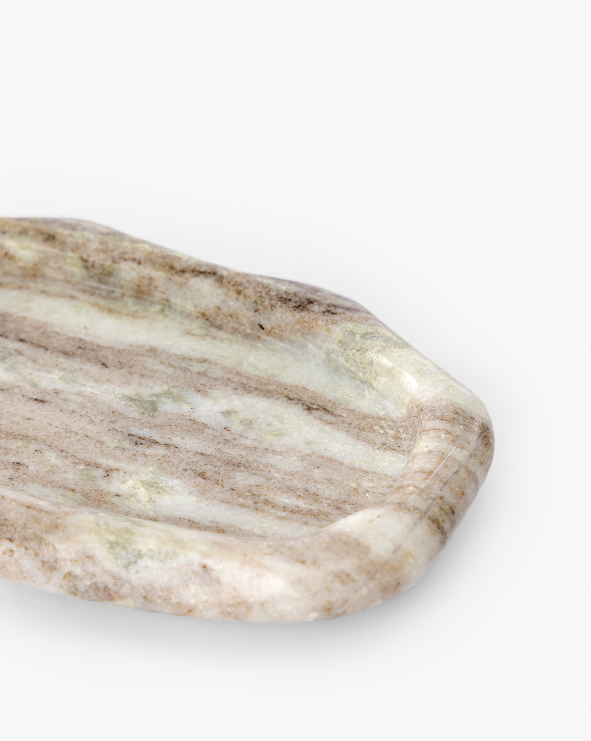 A close-up of the Bristol Tray, a rectangular marble tray with rounded edges and natural beige and gray veining, perfect as a bathroom vanity organizer, set against a white background, by Vendixs