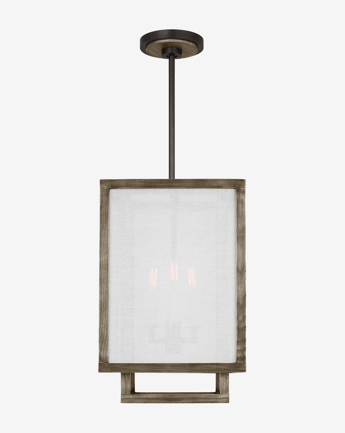 The Brockway Lantern by Visual Comfort Studio - Generation Lighting is a modern pendant with an oak wood square frame and white fabric shade, suspended from a black metal rod—ideal for stylish lighting in any room. Vendixs