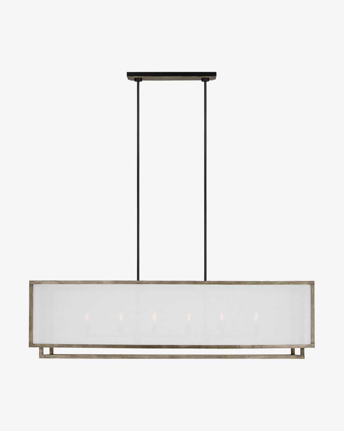 The Brockway Linear Chandelier by Visual Comfort Studio – Generation Lighting features a rectangular metal frame, white fabric shade, and six exposed bulbs, suspended from the ceiling with two black rods for a bold geometric look. Vendixs