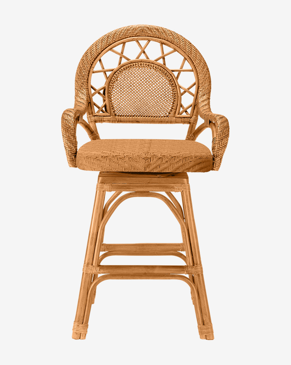 The Brodie Counter Stool by Made Goods showcases a handwoven rattan swivel design, round lattice backrest, curved armrests, and cushioned seat in natural light brown for vintage-inspired style. Vendixs