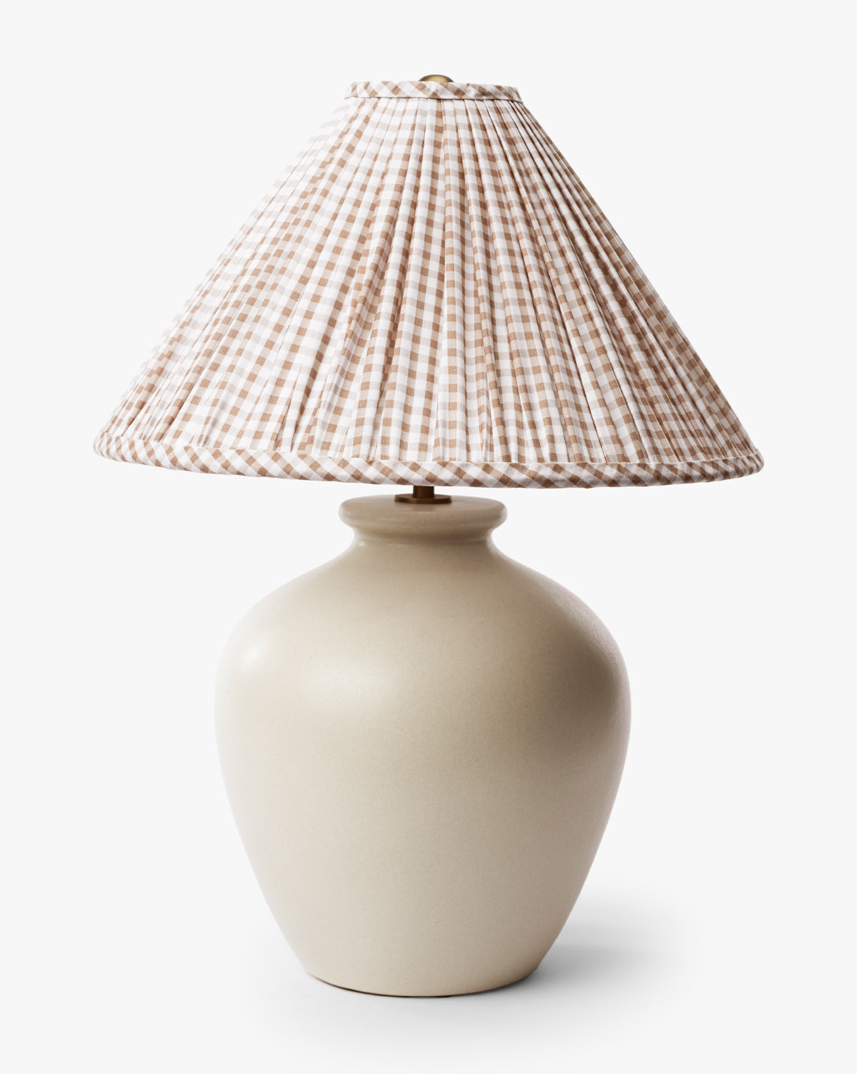 The Makerspalm Bronwyn Table Lamp features a vintage cream ceramic base and a beige-and-white gingham pleated shade, shown against a white background. Vendixs
