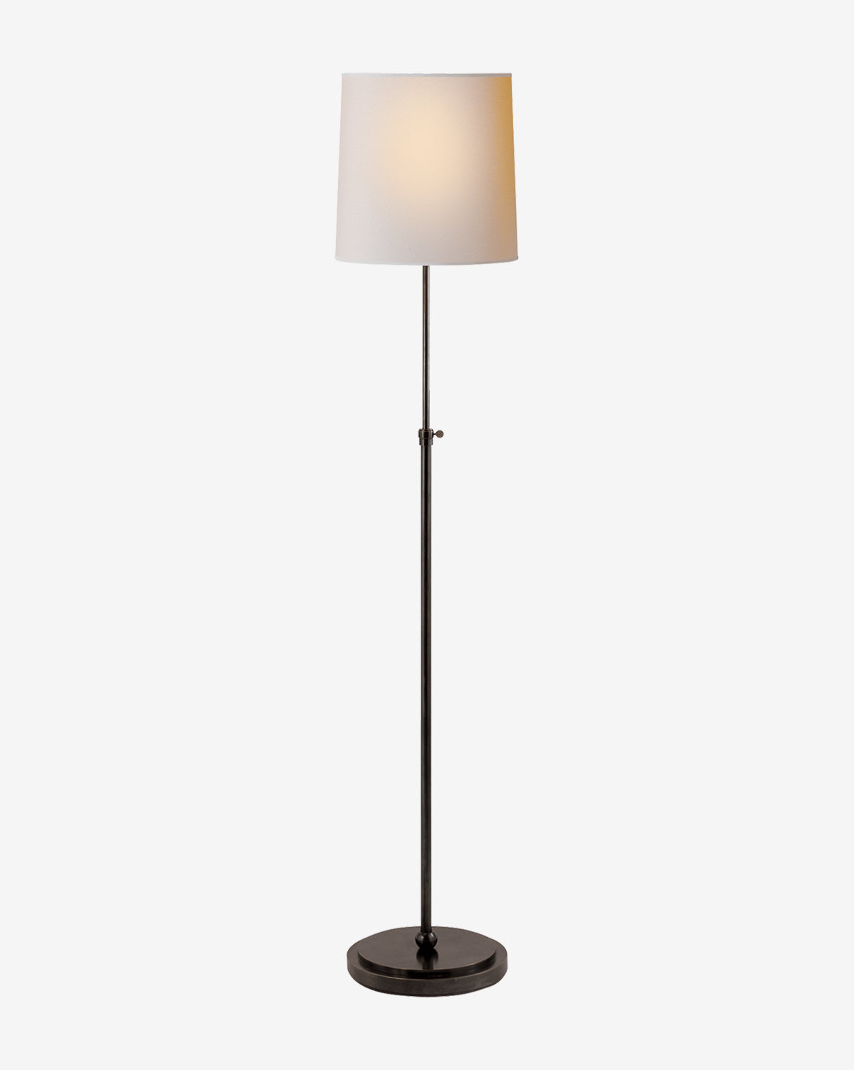 The Bryant Floor Lamp by Visual Comfort & Co. Signature features a round black base, slim black stand, and simple white linen shade, adding classic elegance to any room against a plain white background—available at Vendixs