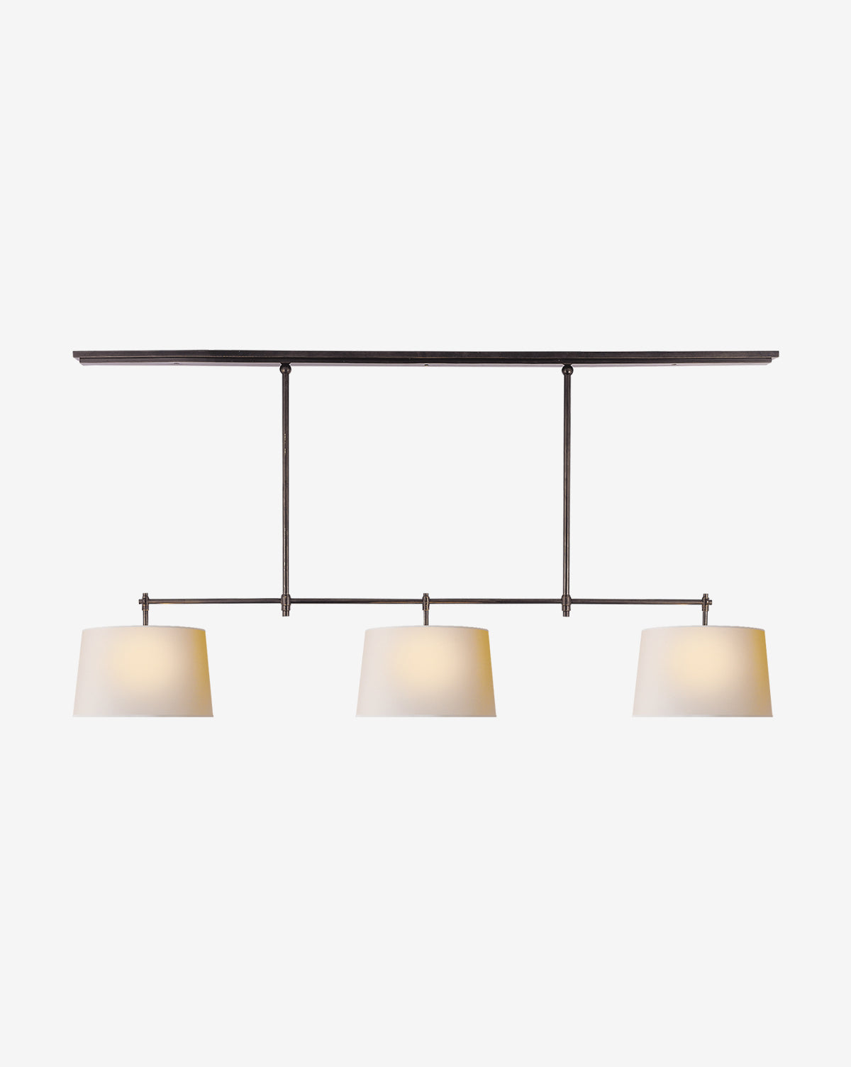 The Visual Comfort & Co. Signature Bryant Large Billiard features three evenly spaced white lampshades on a horizontal black bar, showcasing minimalist style. Photographed against a plain white background, its a classic modern ceiling fixture. Vendixs