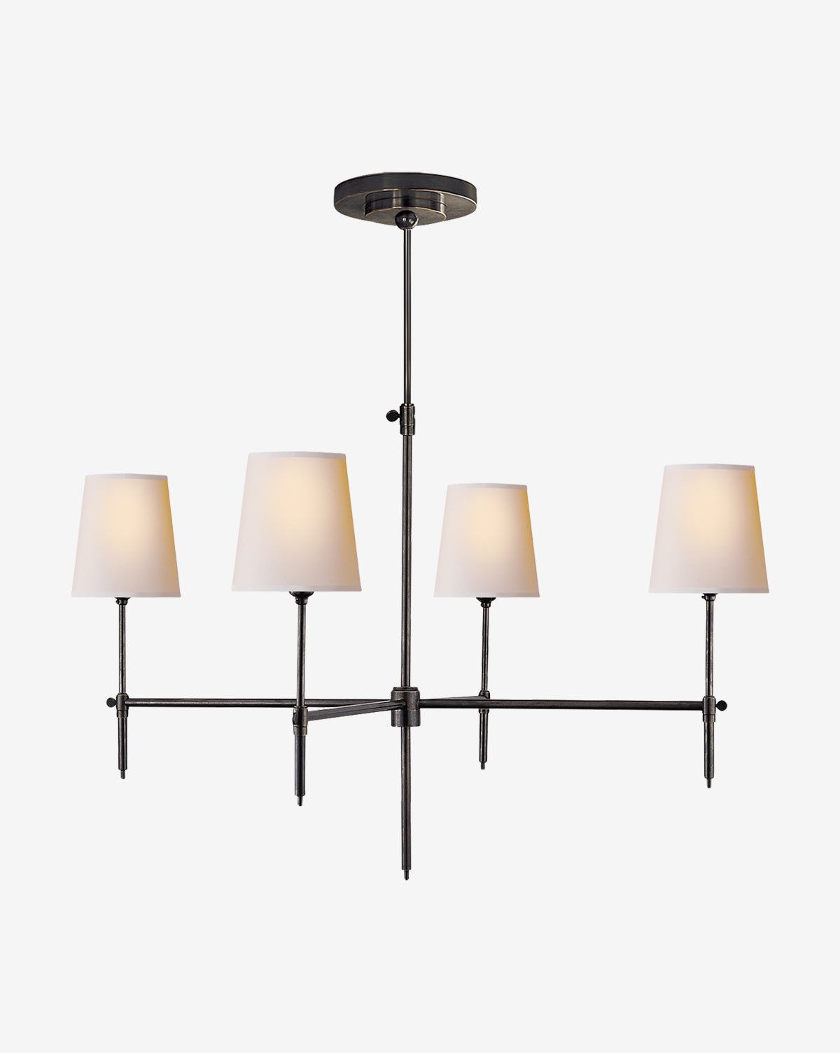 The Visual Comfort & Co. Signature Bryant Large Chandelier features four linen shades on slim black metal arms in a rectangular design, suspended from a ceiling mount. Vendixs