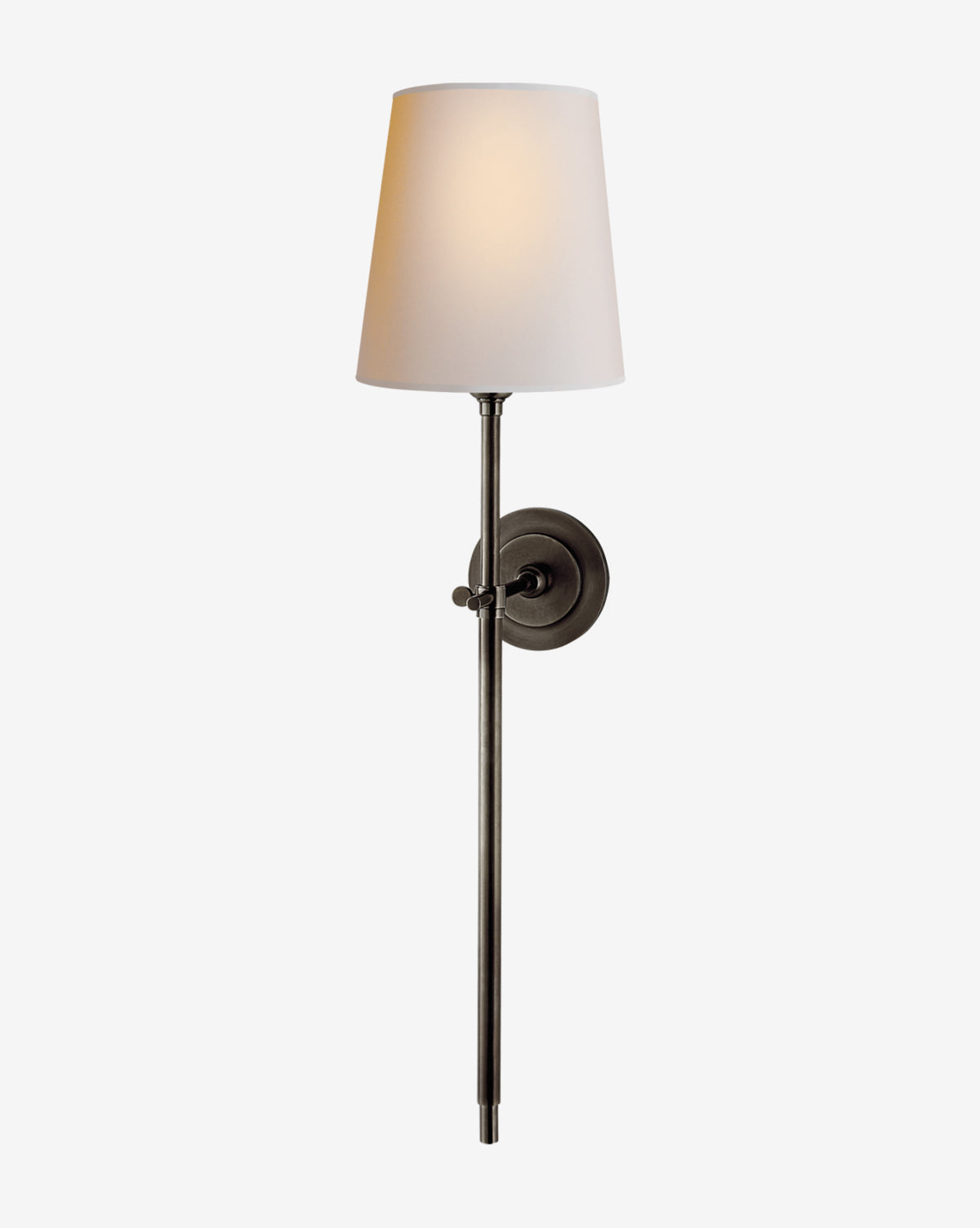 The Visual Comfort & Co. Signature Bryant Large Tail Sconce features a slim dark metal rod, round base, and softly glowing white cone-shaped shade for timeless elegance. Vendixs