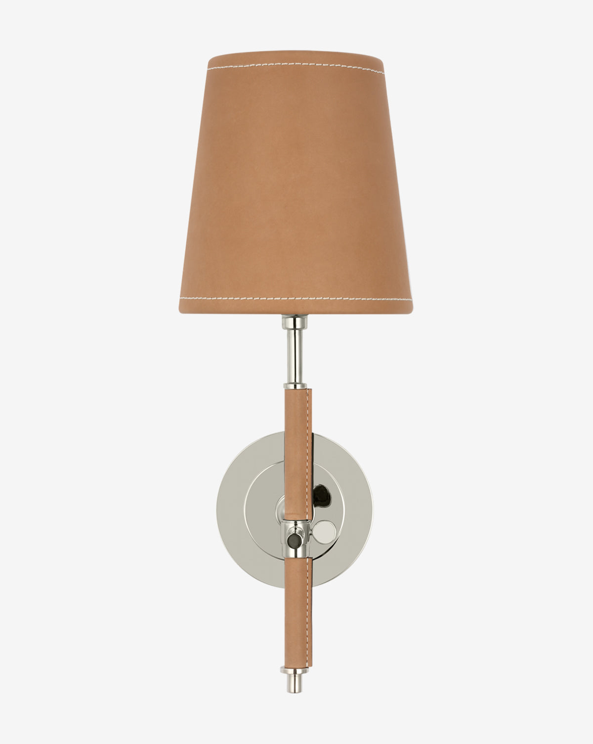 The Bryant Wrapped Sconce by Visual Comfort & Co. Signature features a tan leather lampshade and matching leather-wrapped metal arm, both set on a round, silver-toned base, by Vendixs