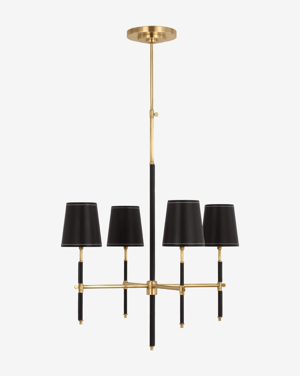 The Visual Comfort & Co. Signature Bryant Wrapped Chandelier features a gold frame, black rod accents, and four black lampshades, suspended from a gold ceiling mount against a plain white background. Vendixs