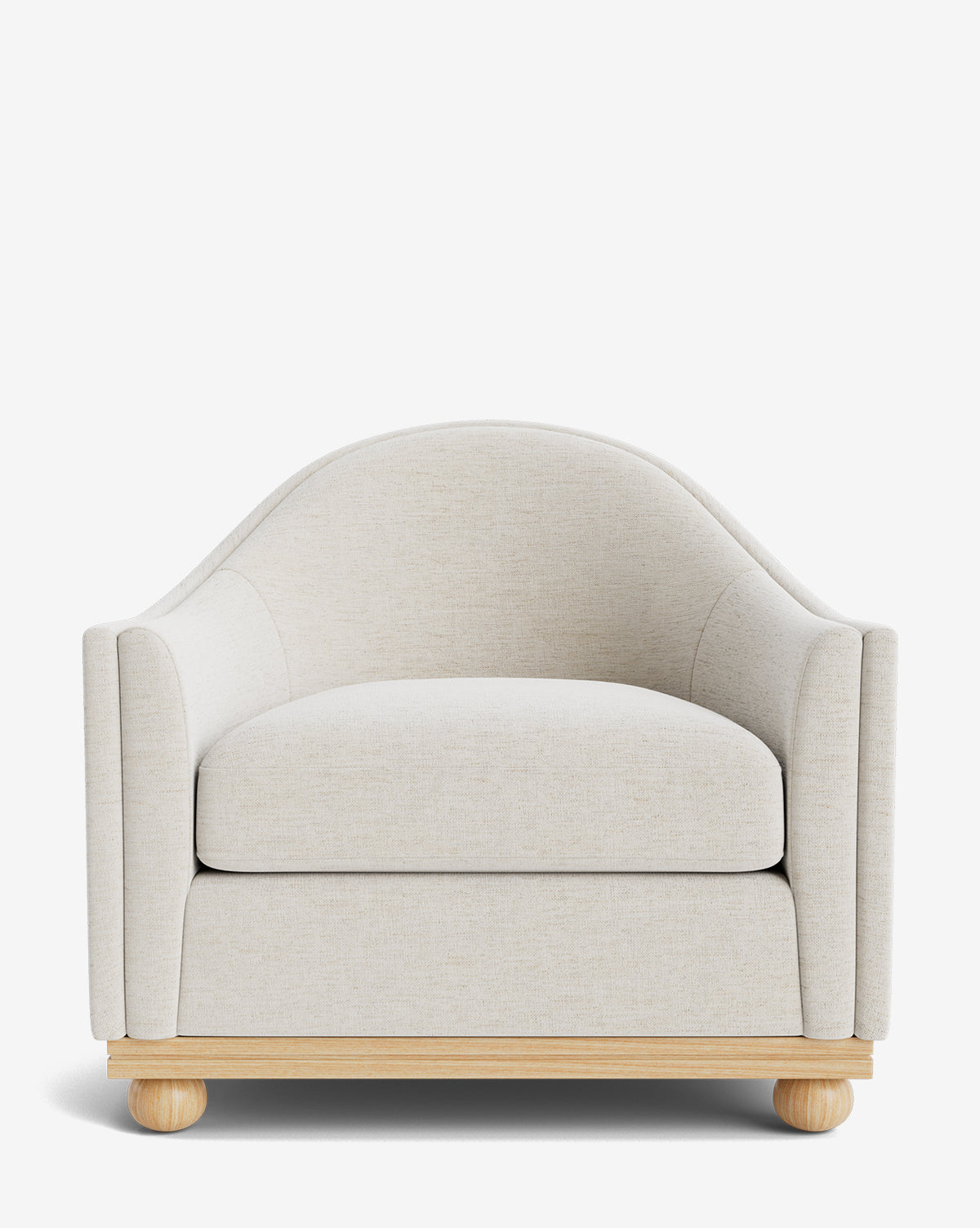 The Test Bunnell Lounge Chair (Copy) [hidden] features a modern cream design with curved armrests, rounded backrest, and spherical feet on a light wood base—customizable for comfort and style in any space, by McGee & Co.
