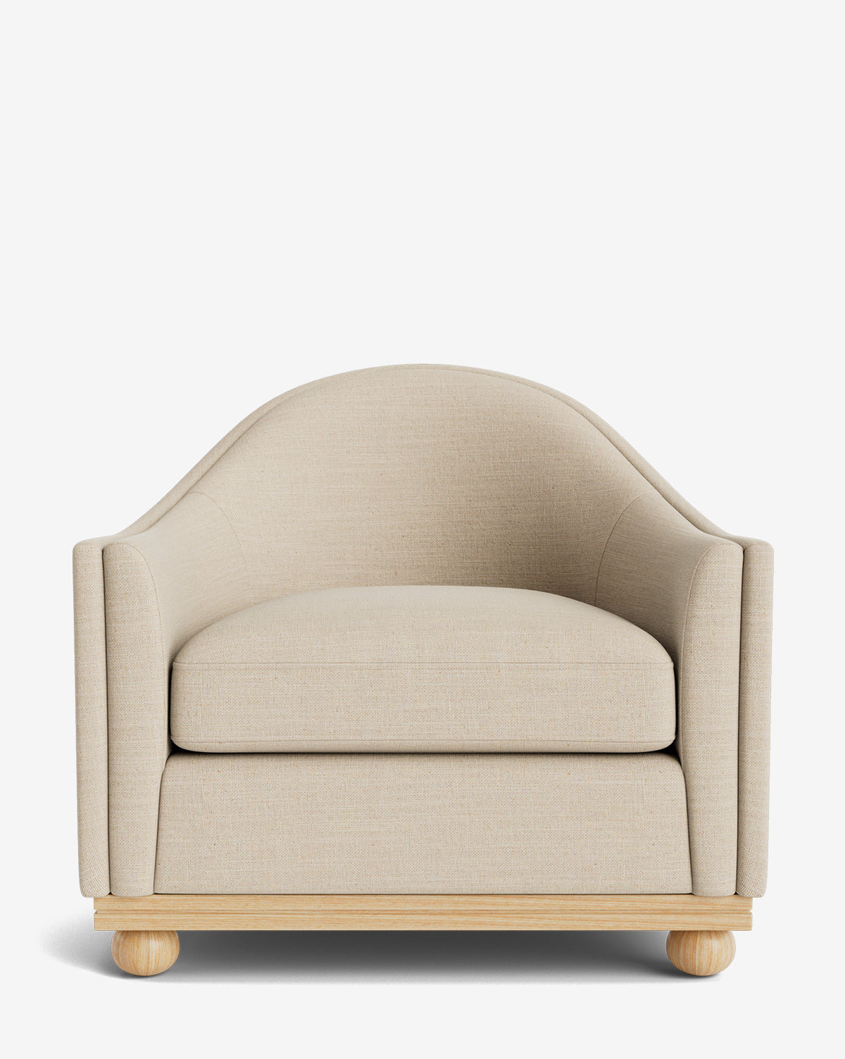 The Test Bunnell Lounge Chair (Copy) [hidden] is a contemporary beige armchair with a curved backrest, wide seat cushion, and light wood spherical feet, shown against a plain white background by McGee & Co.