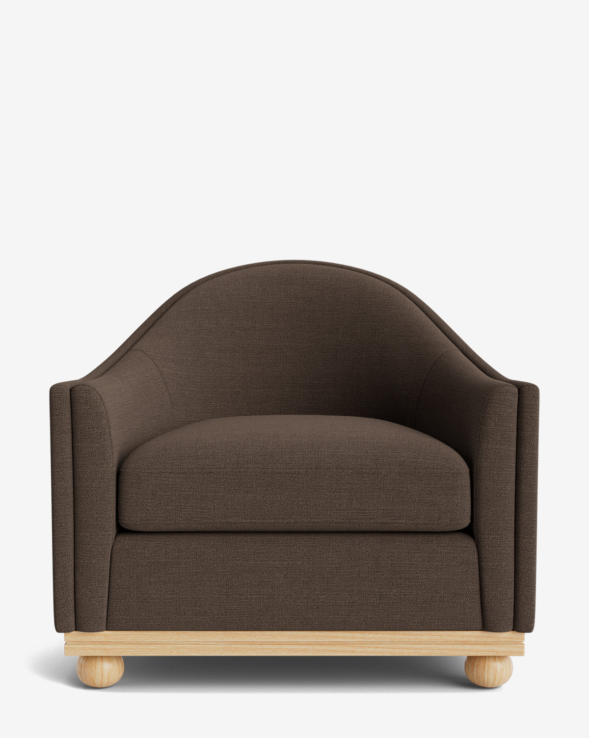 The Makerspalm Bunnell Lounge Chair is a wide, modern armchair with dark brown upholstery, curved backrest and arms, plus a light wood base with round wooden feet—an elegant customizable piece shown against a white background from Vendixs