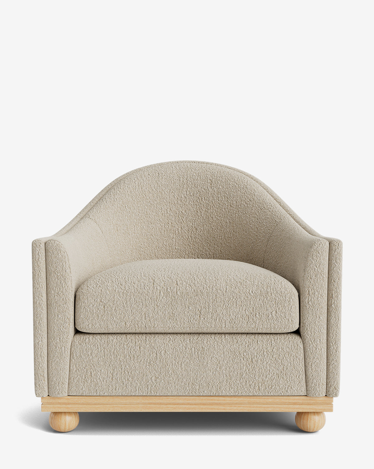 The Test Bunnell Lounge Chair (Copy) features a modern curved back, light beige textured upholstery, and a wooden base with round feet—an elegant customizable lounge chair shown from the front on a white background by McGee & Co.