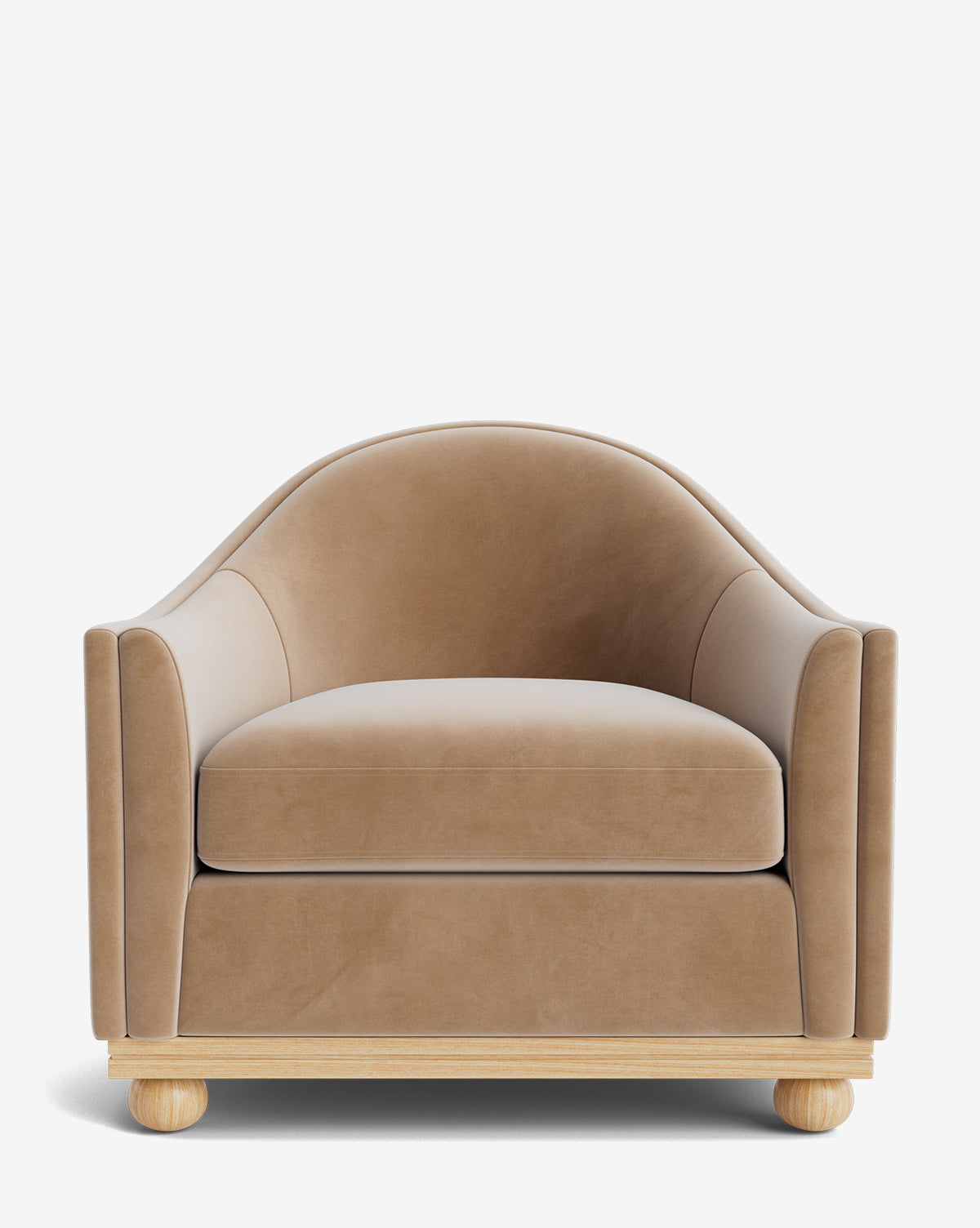 The Test Bunnell Lounge Chair (Copy) features a modern design with a tan velvet finish, curved backrest, wide seat, and smooth wooden base—an elegant made-to-order addition to any space, by McGee & Co.