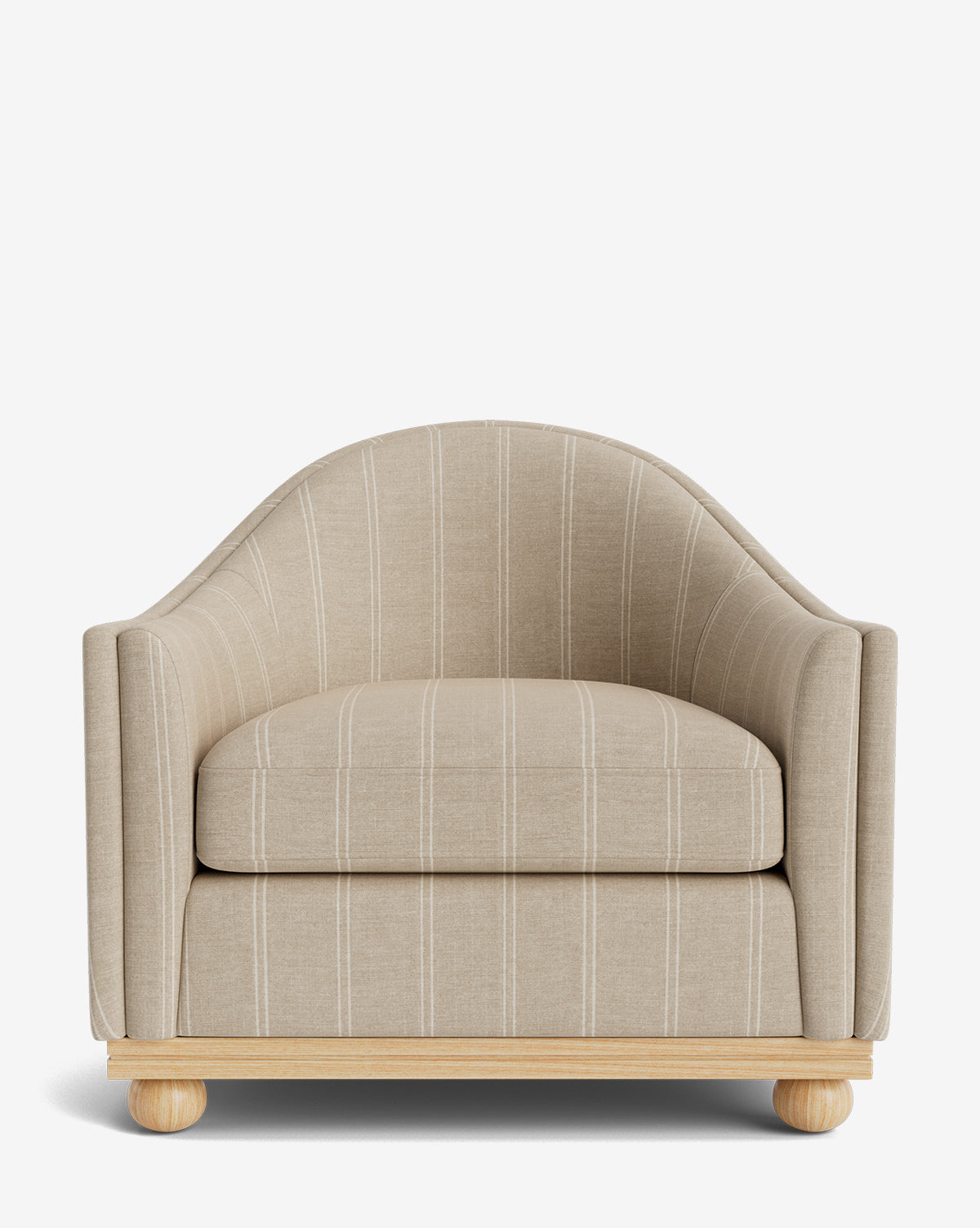 The Test Bunnell Lounge Chair (Copy) [hidden] is a beige upholstered armchair with light vertical stripes, rounded back and arms, and a light wood base. Shown front-facing on a white background, this customizable chair fits any space by McGee & Co.