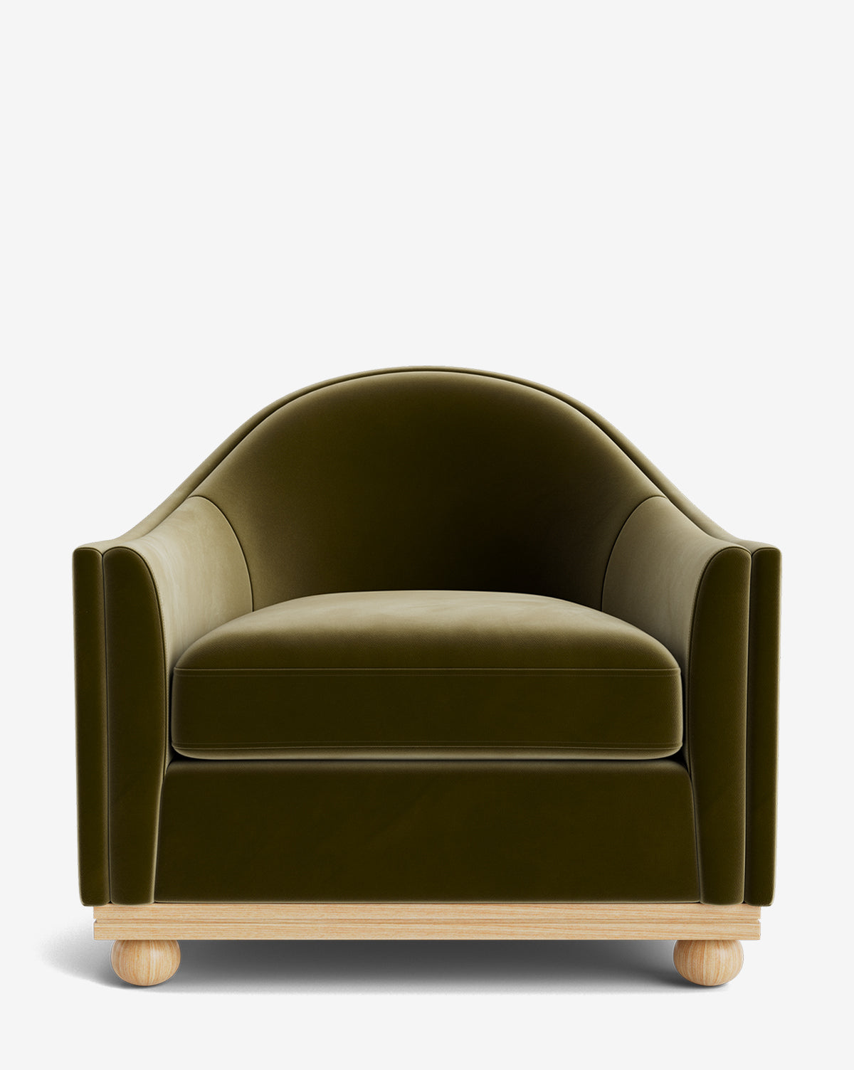 The Test Bunnell Lounge Chair (Copy) features plush olive green velvet, rounded arms and backrest, a thick cushioned seat, and a light wood base with four round legs—customizable and shown against a plain white background, by McGee & Co.