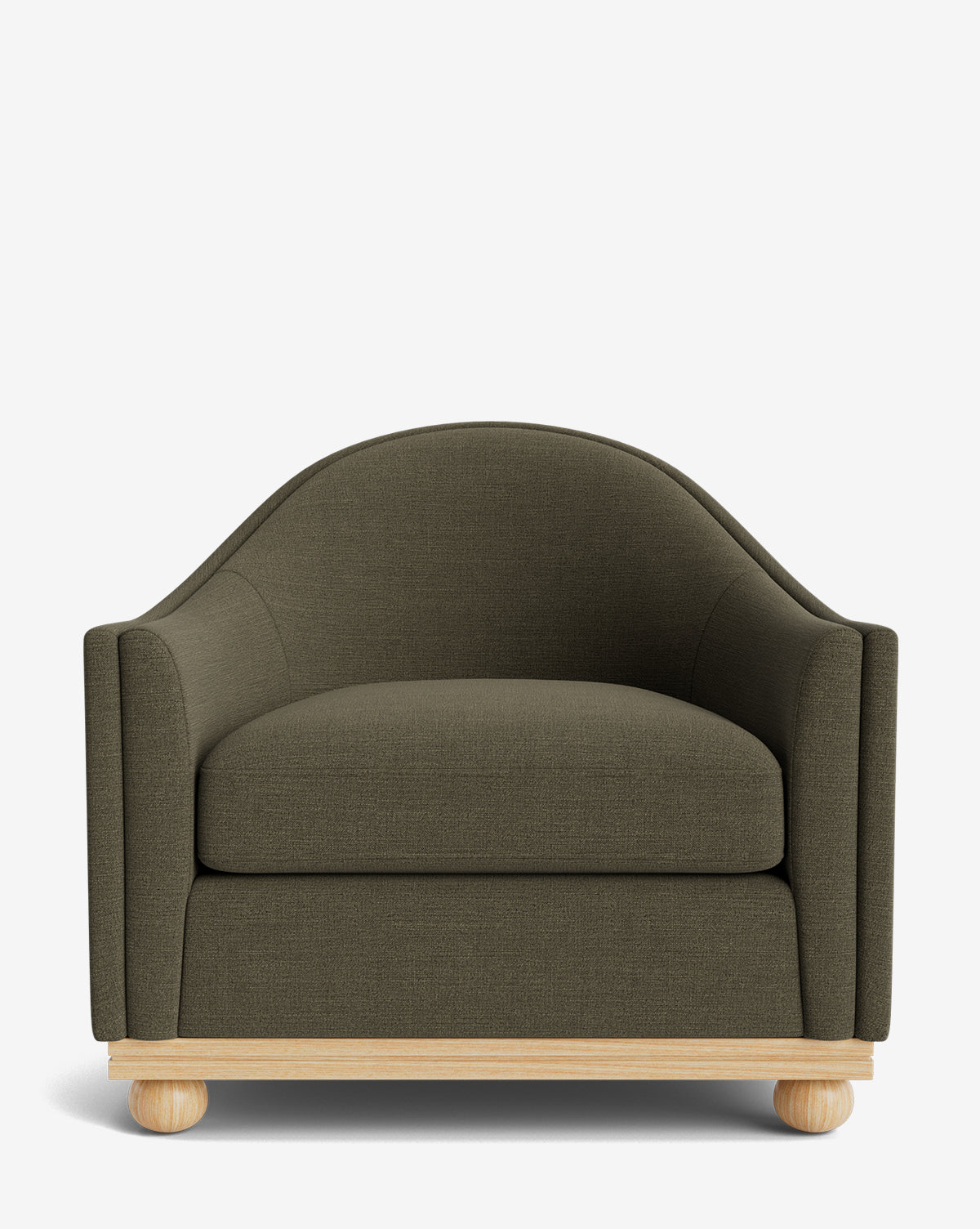 The Test Bunnell Lounge Chair (Copy) [hidden] is a wide, dark olive green lounge chair with curved arms and backrest, thick cushioned seat, and light wood base with round feet, shown against a white background by McGee & Co.