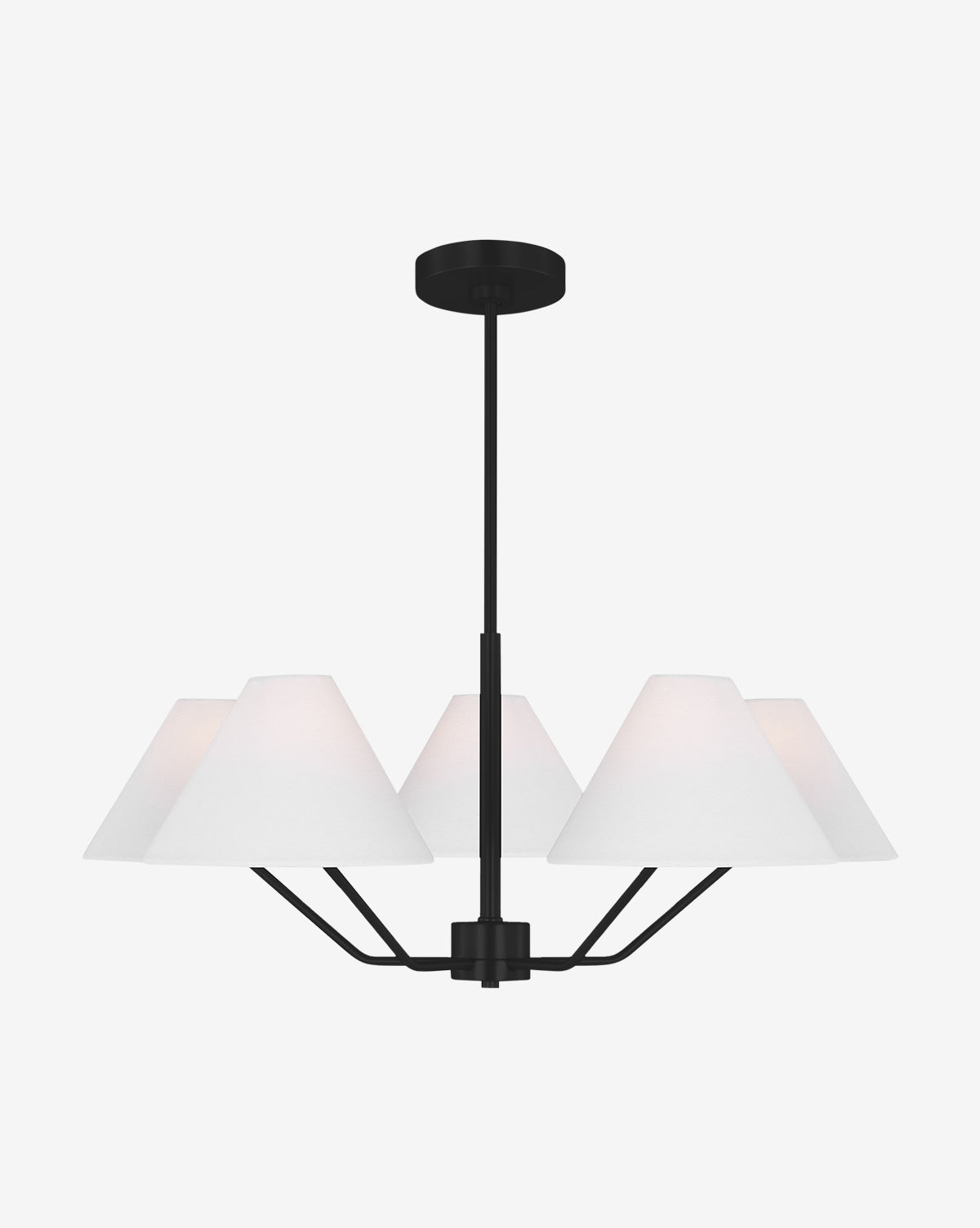 The Burke Chandelier by Visual Comfort Studio - Generation Lighting features four angled arms with white, cone-shaped shades and a sleek black steel finish, suspended elegantly from the ceiling by a central rod. Vendixs