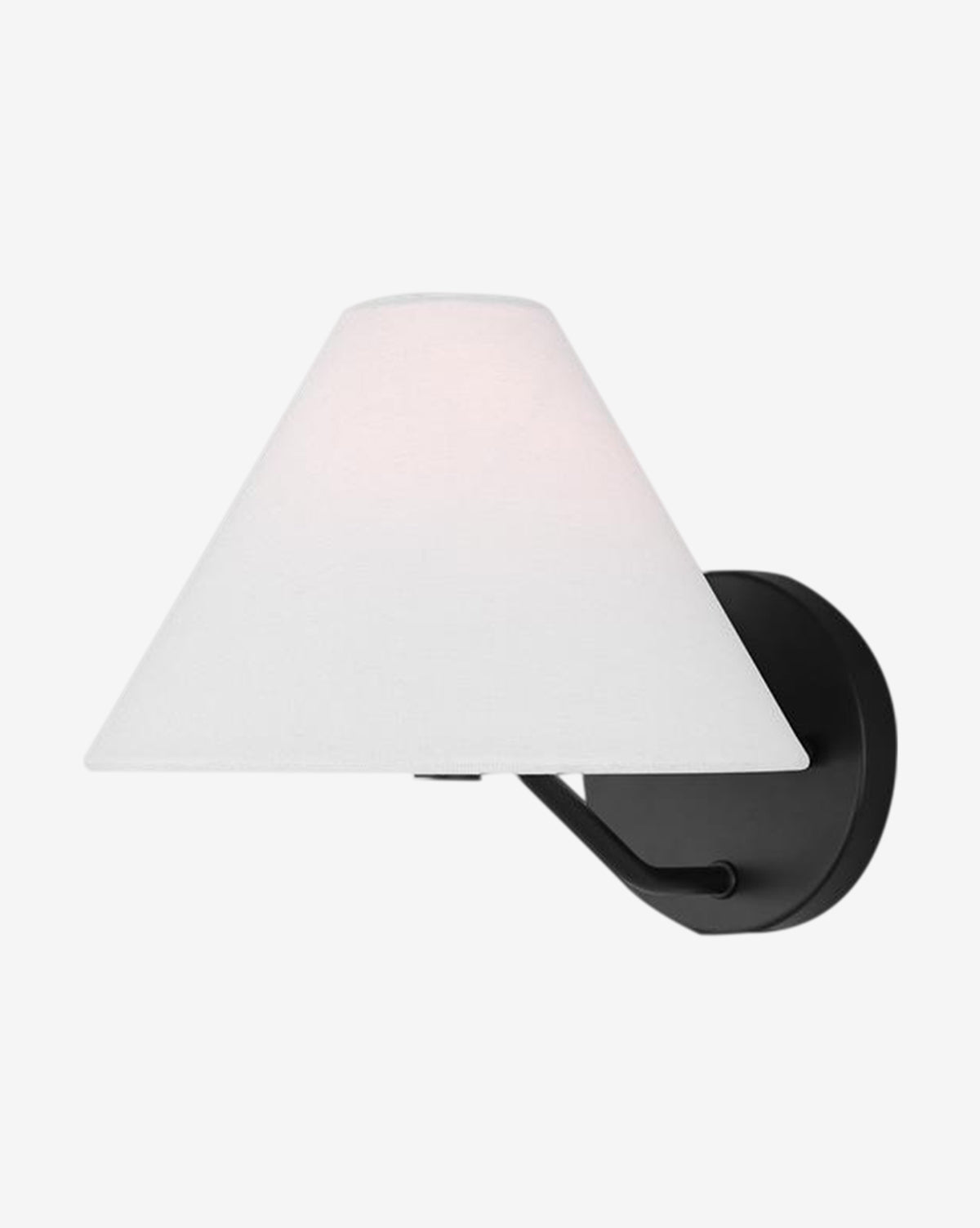 The Burke Medium Sconce by Visual Comfort Studio - Generation Lighting features a black metal base and arm with a wide white linen shade, offering a modern and versatile design suitable for many interior styles by Vendixs