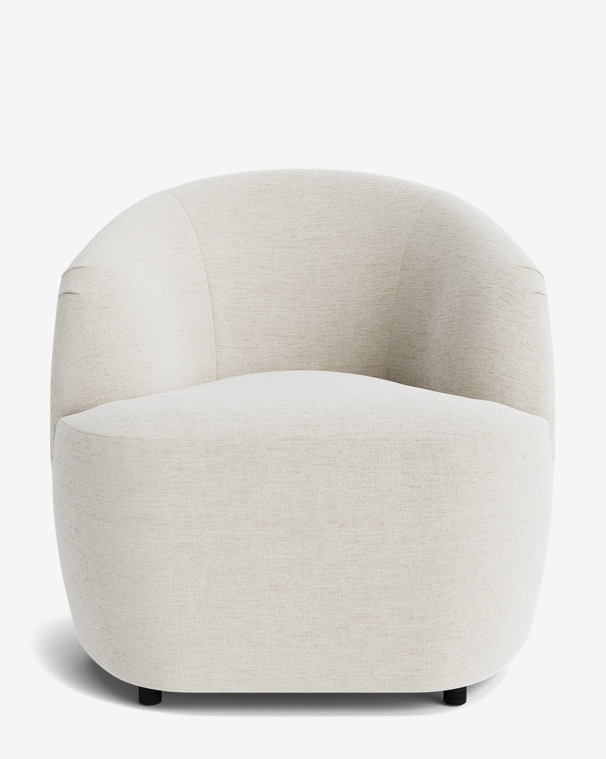 The Byron Chair is a modern, rounded armchair with a low profile and curved backrest, upholstered in off-white fabric. This custom Byron Chair is displayed against a plain white background by McGee & Co.
