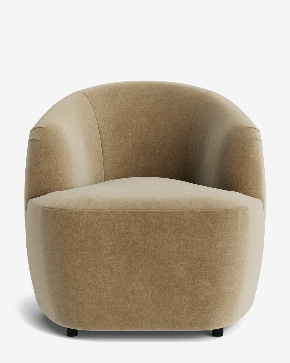 The Byron Chair features a modern, low-profile design with a curved back and wide seat in light brown fabric, shown against a plain white background by McGee & Co.