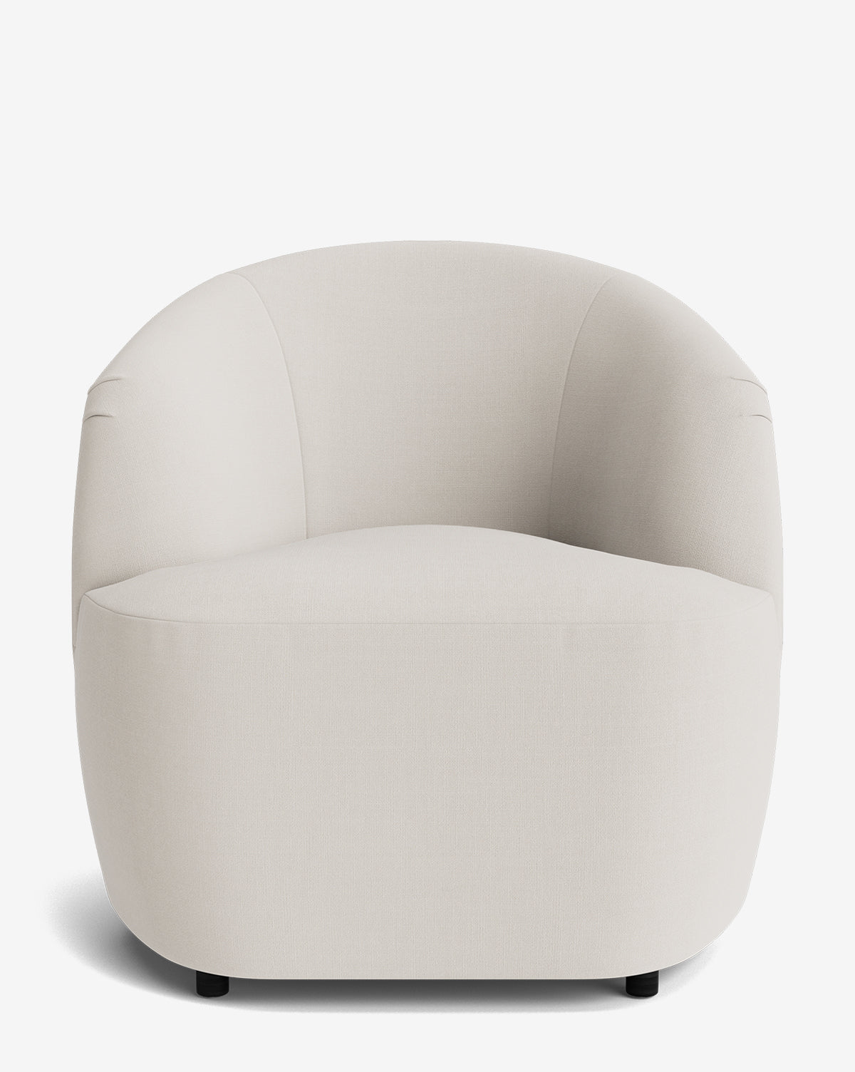 The Byron Chair is a modern, cream-colored seat with custom fabric upholstery, a rounded curved back, and a minimalist design, shown from the front on a white background by McGee & Co.
