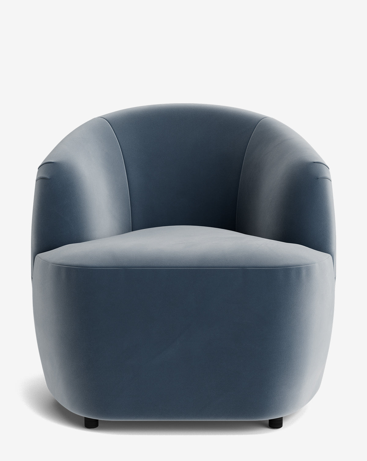 The Byron Chair features modern blue upholstery, a rounded curved back, and a smooth minimalist design, shown from the front on a plain white background by McGee & Co.