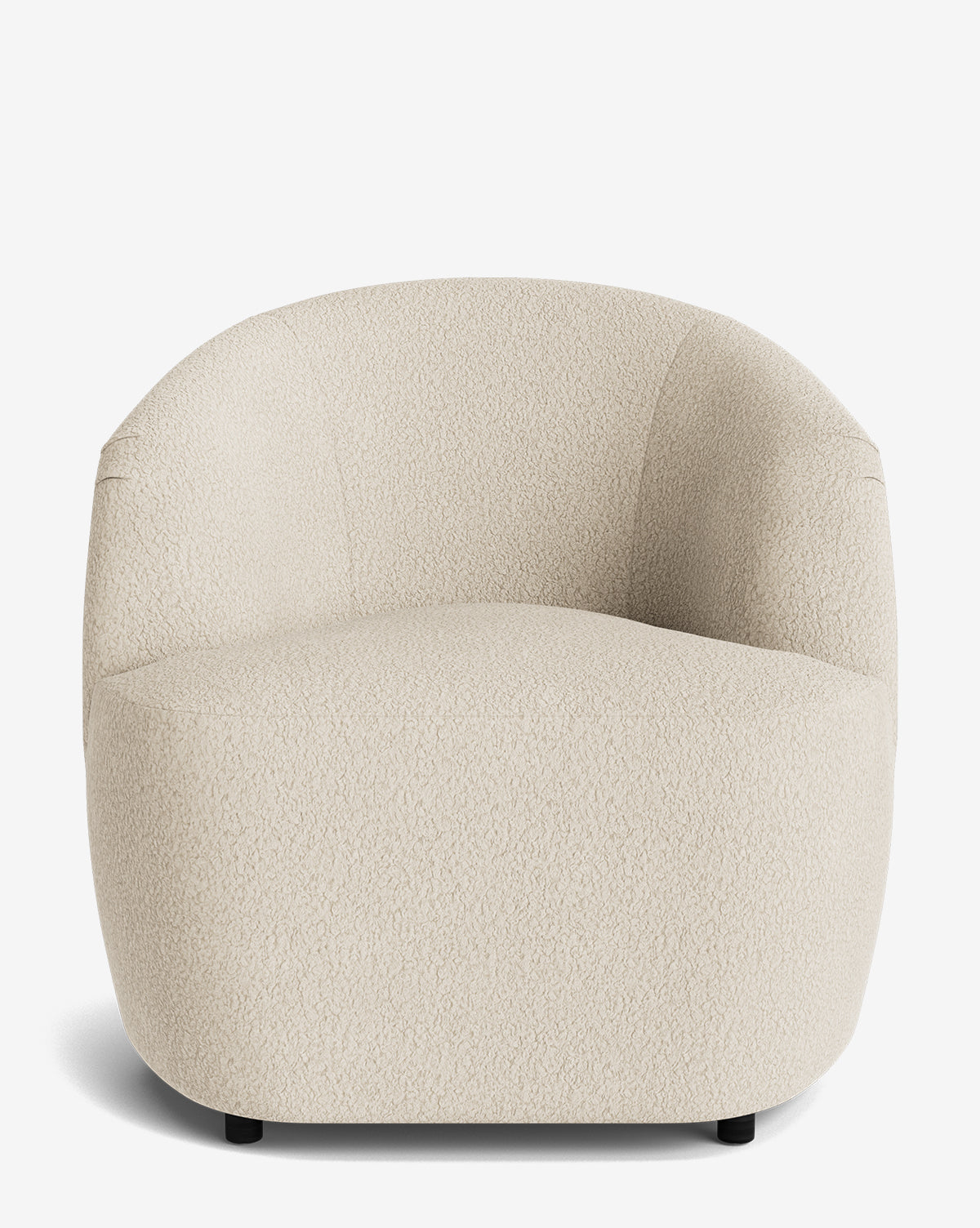The Byron Chair is a modern seat with a cream-colored, textured custom fabric, rounded edges, and a low curved backrest, shown from the front against a white background by McGee & Co.