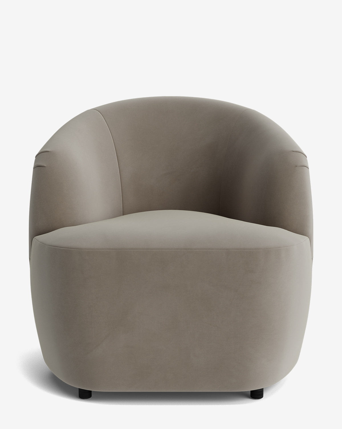 The Byron Chair is a modern barrel-shaped seat in light gray with smooth, rounded edges, a low curved backrest, and custom fabric, shown against a white background by McGee & Co.