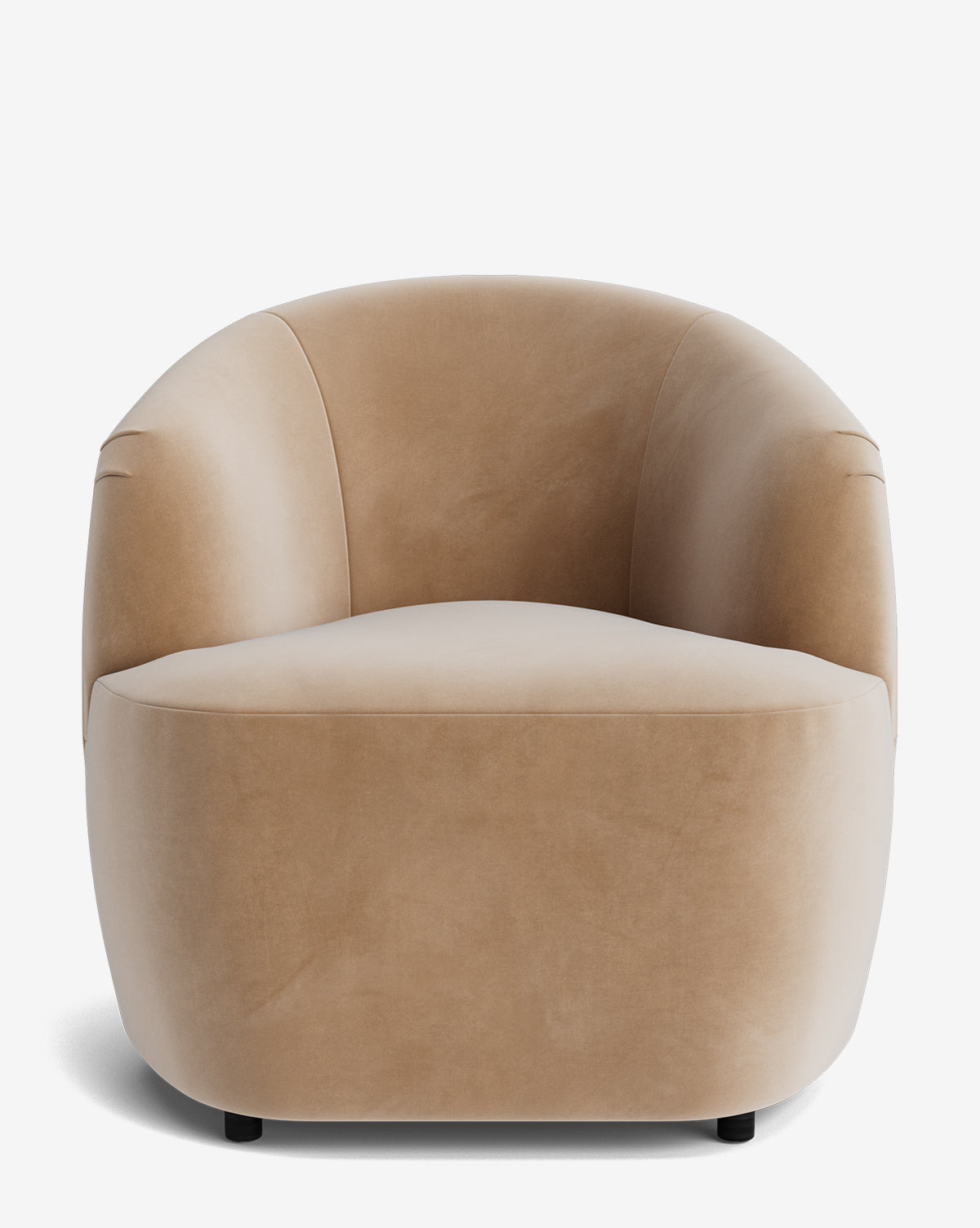 The Byron Chair, shown from the front against a white background, features modern style with beige velvet upholstery, curved edges, and a smooth rounded backrest—a sleek example of custom fabric seating, by McGee & Co.