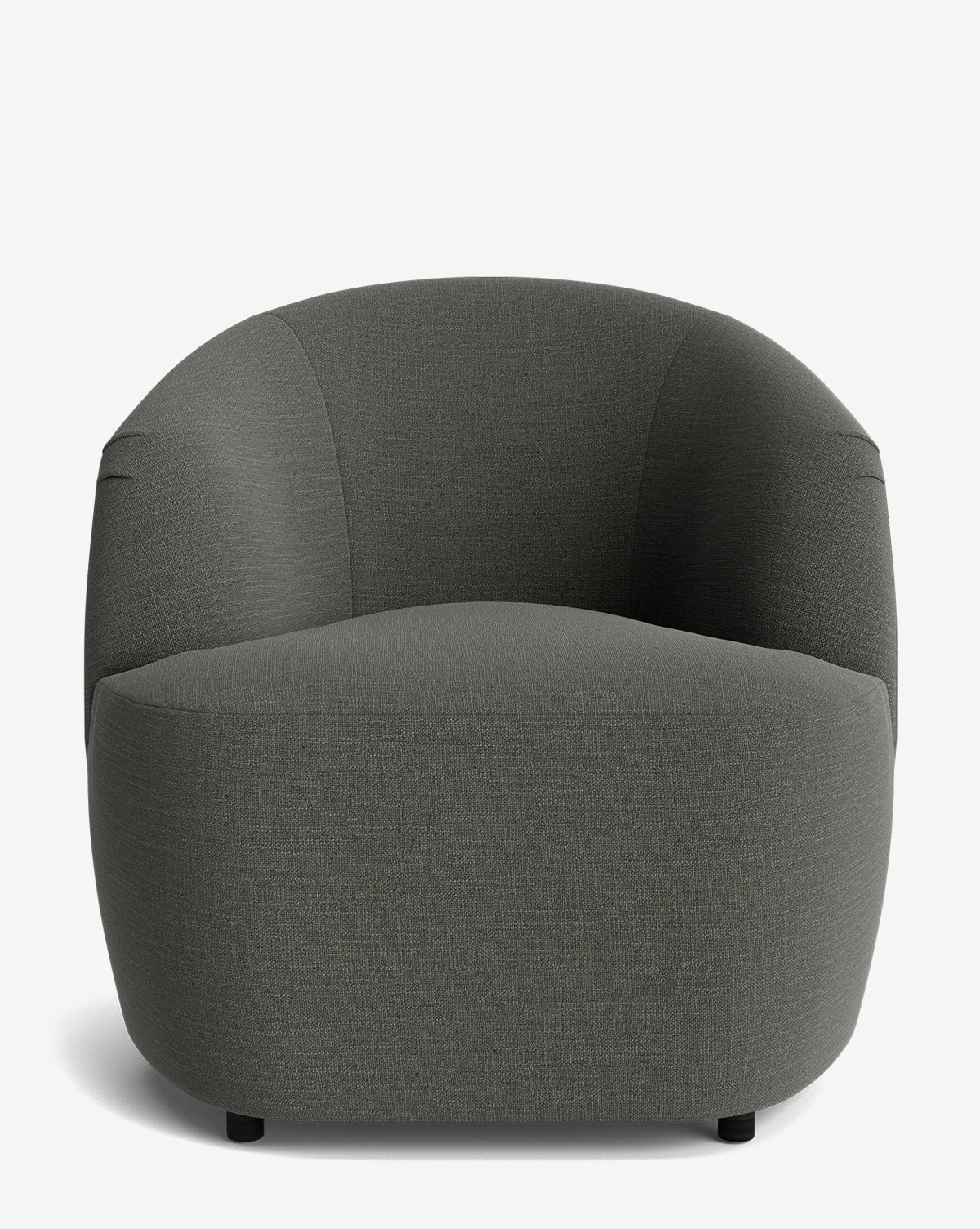 The Byron Chair is a modern, minimalist chair with rounded edges and dark gray upholstery. Shown from the front on a white background, this custom fabric chair features a low profile and seamless design by McGee & Co.