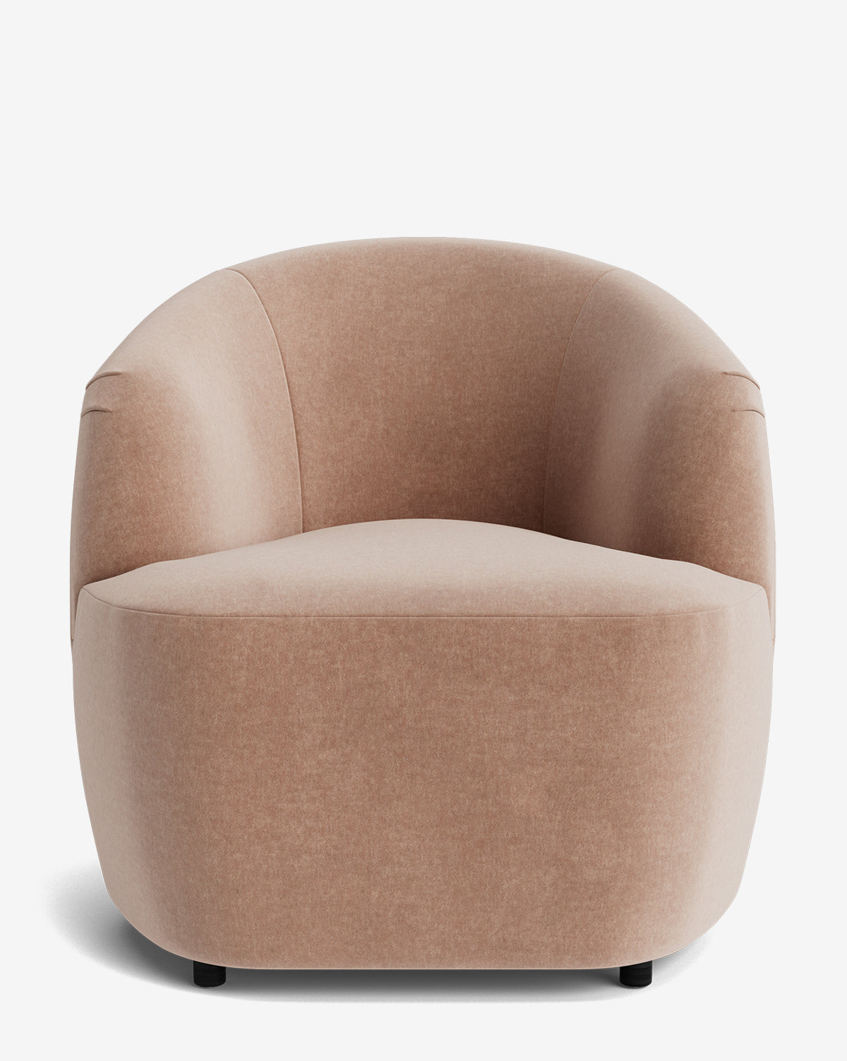 The Byron Chair is a modern design in blush pink, featuring a curved backrest and plush seat cushion upholstered in custom fabric, displayed against a plain white background by McGee & Co.