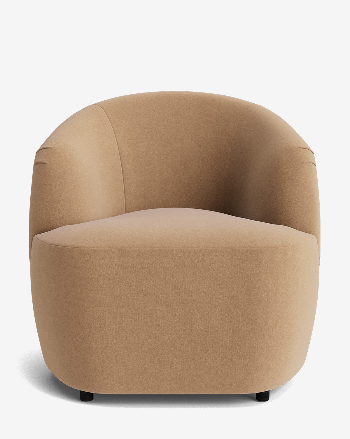 The Byron Chair is a modern, tan chair with custom fabric upholstery, featuring a rounded curved back and seat. Displayed from the front on a plain white background, its minimalist design includes small, barely visible legs by McGee & Co.