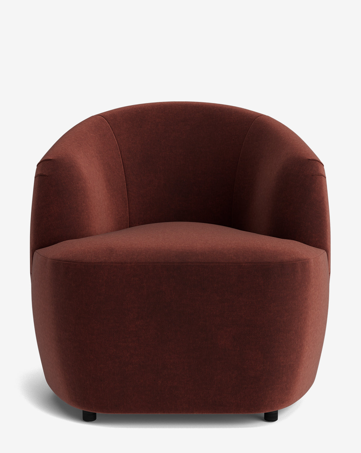 The Byron Chair is a modern, low-profile seat with a curved back, rounded edges, deep seat, and rich reddish-brown upholstery, shown from the front against a plain white background by McGee & Co.