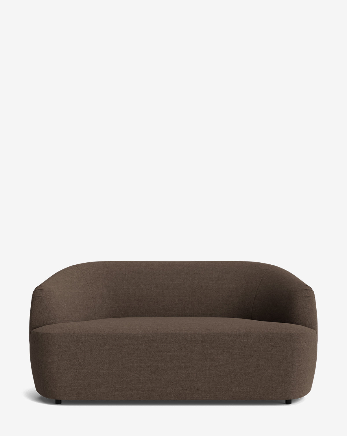 The Makerspalm Byron Settee 68 features a modern, minimalist design with a curved back and armrests, upholstered in fabric and shown against a plain white background. Vendixs