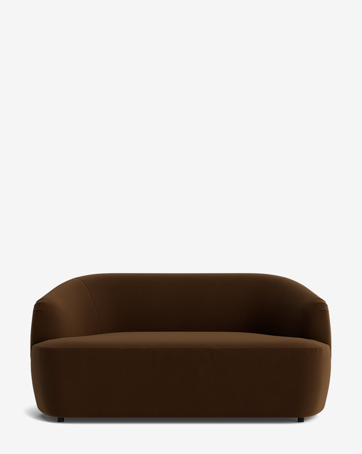 The Makerspalm Byron Settee 68 is a modern brown loveseat with a low, curved back and smooth, plush upholstery, sitting on short, barely visible legs against a plain white background. Vendixs