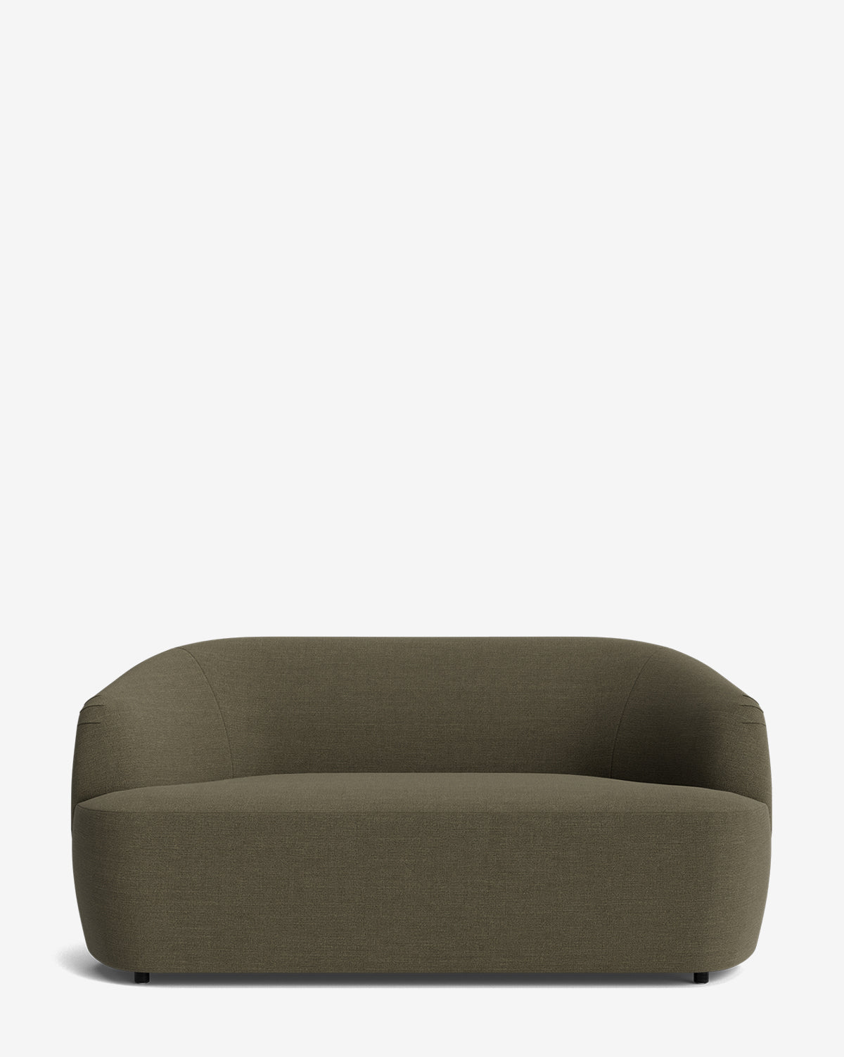 The Makerspalm Byron Settee 68 features a modern, minimalist design in olive green with rounded edges and a low backrest, shown against a plain white background, Vendixs