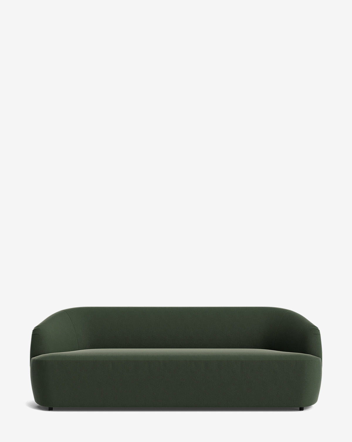 The Makerspalm Byron Sofa 96 features a modern, minimalist dark green design with curved edges and a low back, shown against a plain white background. Vendixs