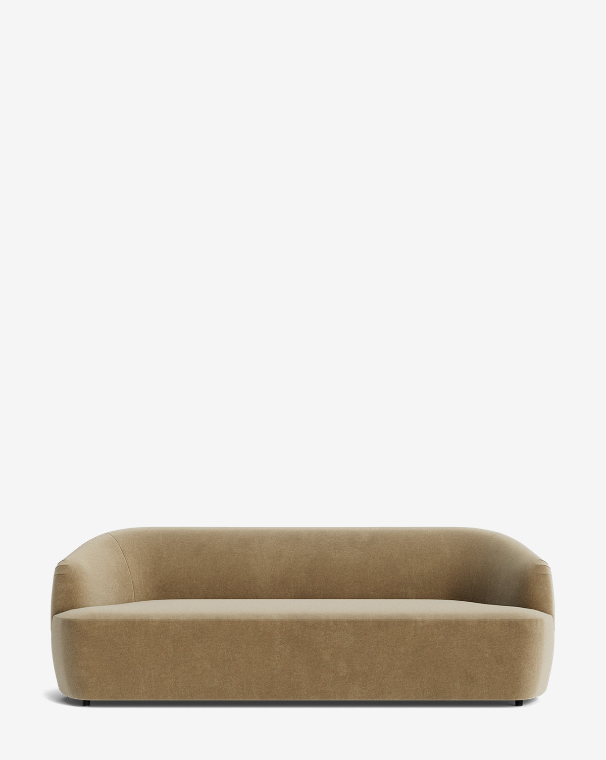 The Makerspalm Byron Sofa 96 in light brown showcases a minimalist, modern design with a curved back and rounded edges, and is displayed on a plain white background. Vendixs