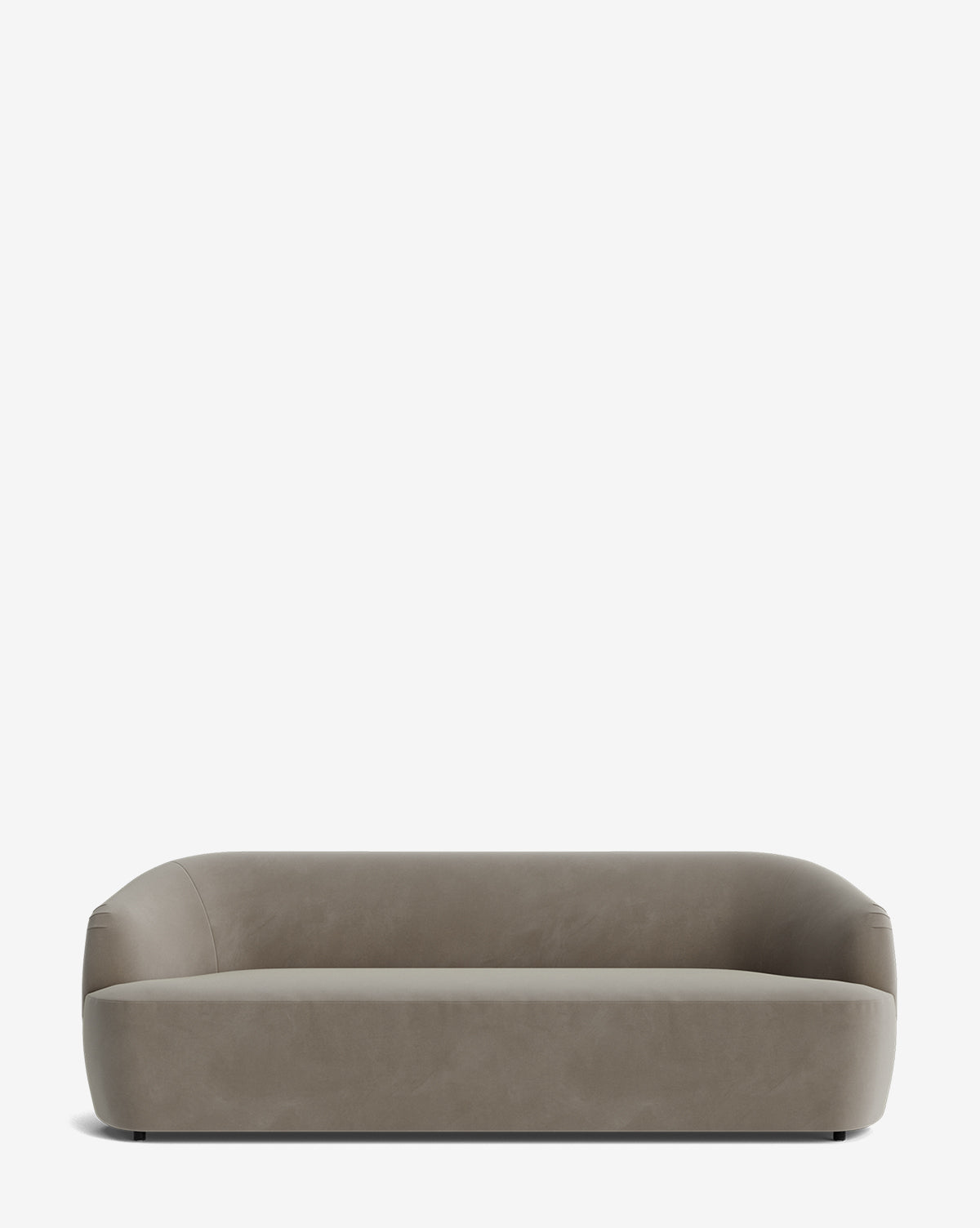 The Makerspalm Byron Sofa 96 showcases a modern, minimalist design with a low backrest, curved armrests, and smooth taupe upholstery, set against a plain white background. Vendixs