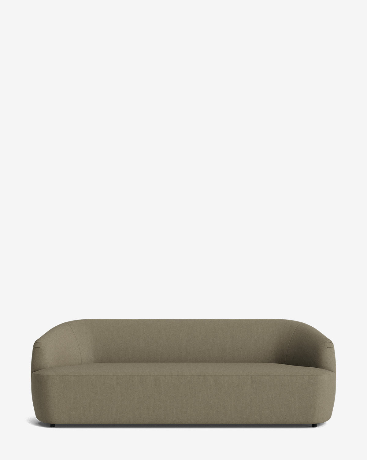 A modern, minimalist Byron Sofa 96 in olive-green with rounded edges and low armrests sits against a plain white background, by Vendixs