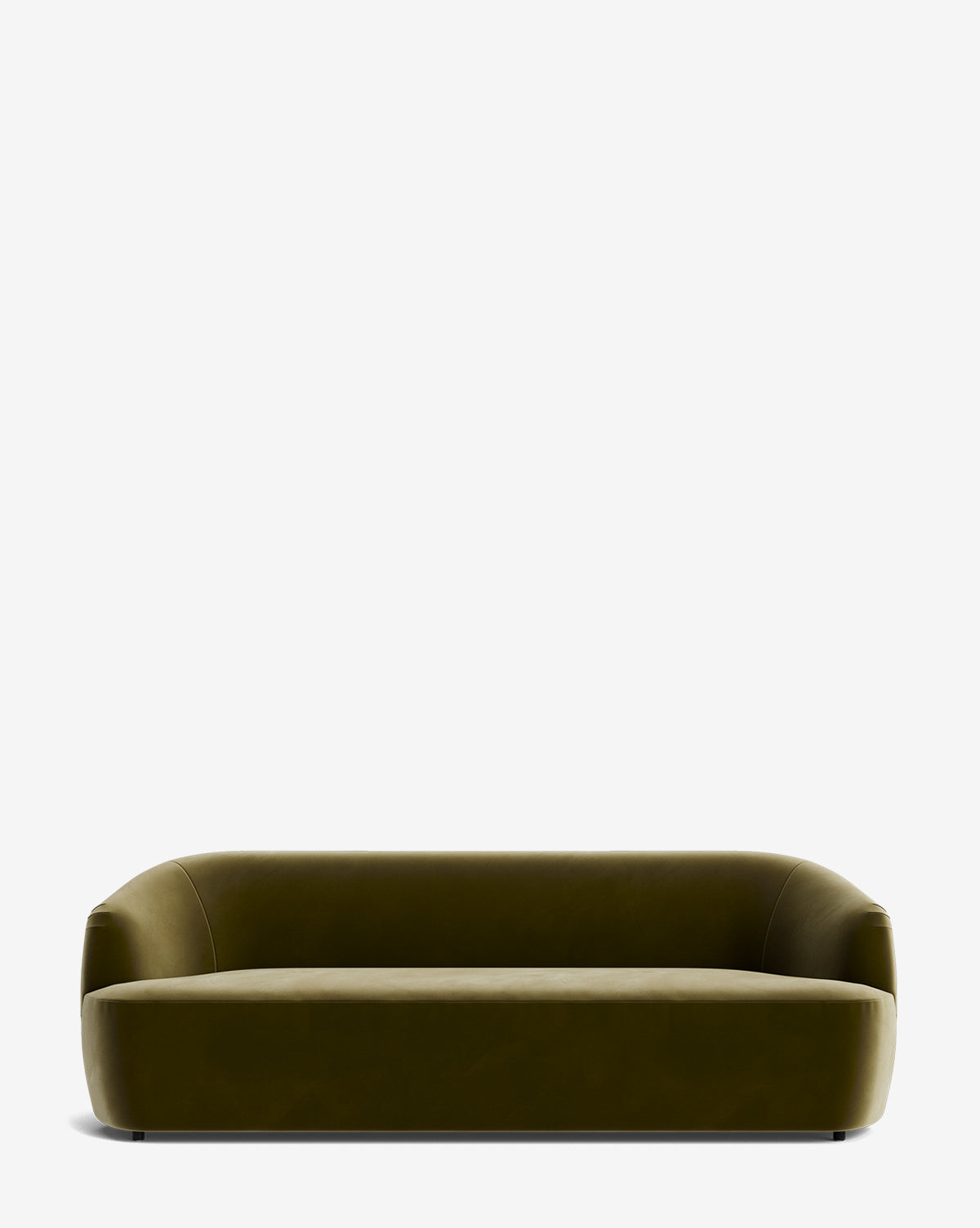 The Makerspalm Byron Sofa 96 features a modern, low-profile design in olive green with curved arms and minimalist style, shown against a plain white background. Vendixs