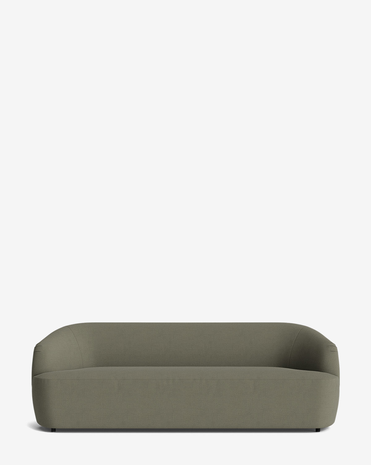 The Byron Sofa 96 features a modern, minimalist design with a curved back, rounded edges, and smooth olive green fabric upholstery, standing out against a plain white background, by Vendixs