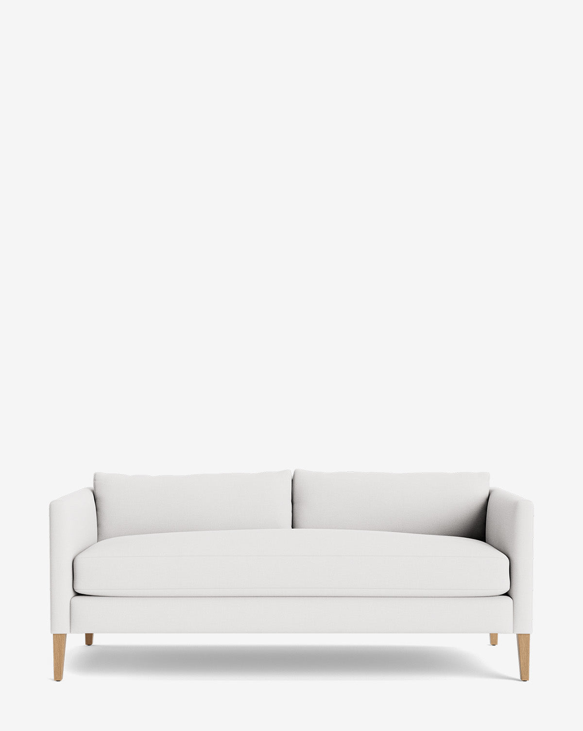 The Cade Sofa 80 features clean lines, two seat and back cushions, and light wooden legs. Down-wrapped for extra comfort, this modern sofa blends contemporary style with inviting softness against a white background, by Vendixs