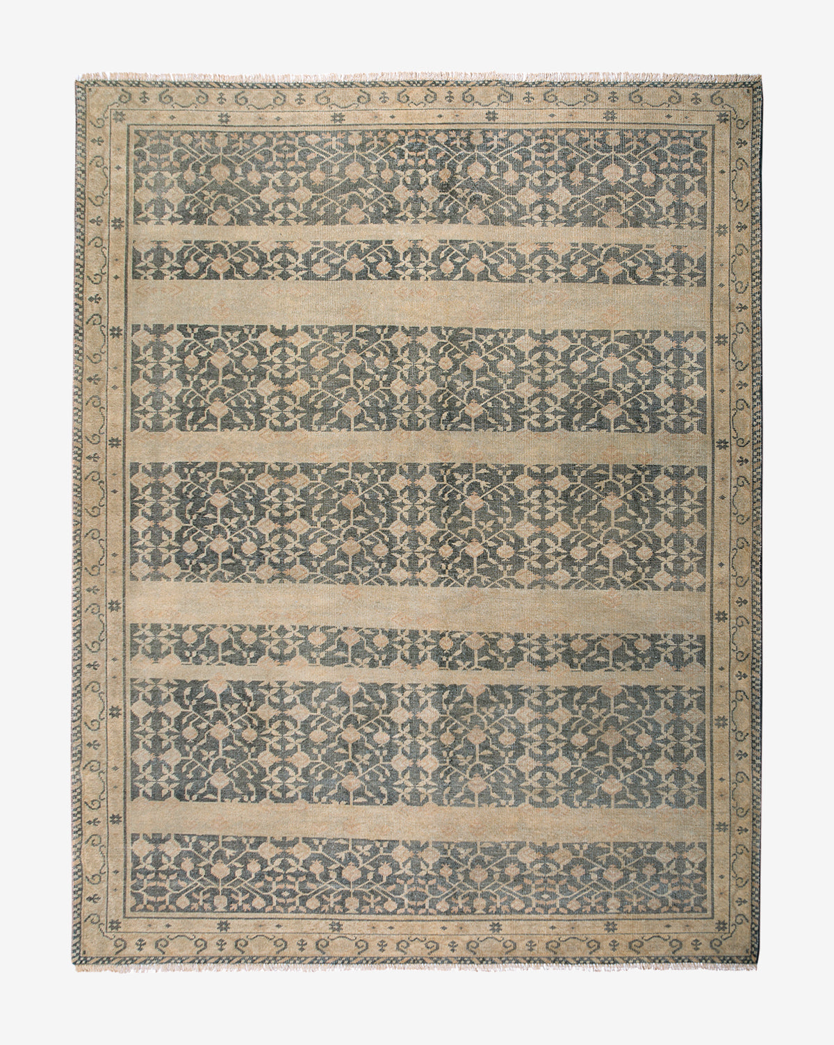 The Campanella Hand-Knotted Wool Rug features alternating horizontal bands of floral and vine motifs in muted beige and gray-blue, accented by a decorative border with artisan detailing and small floral designs, by Vendixs