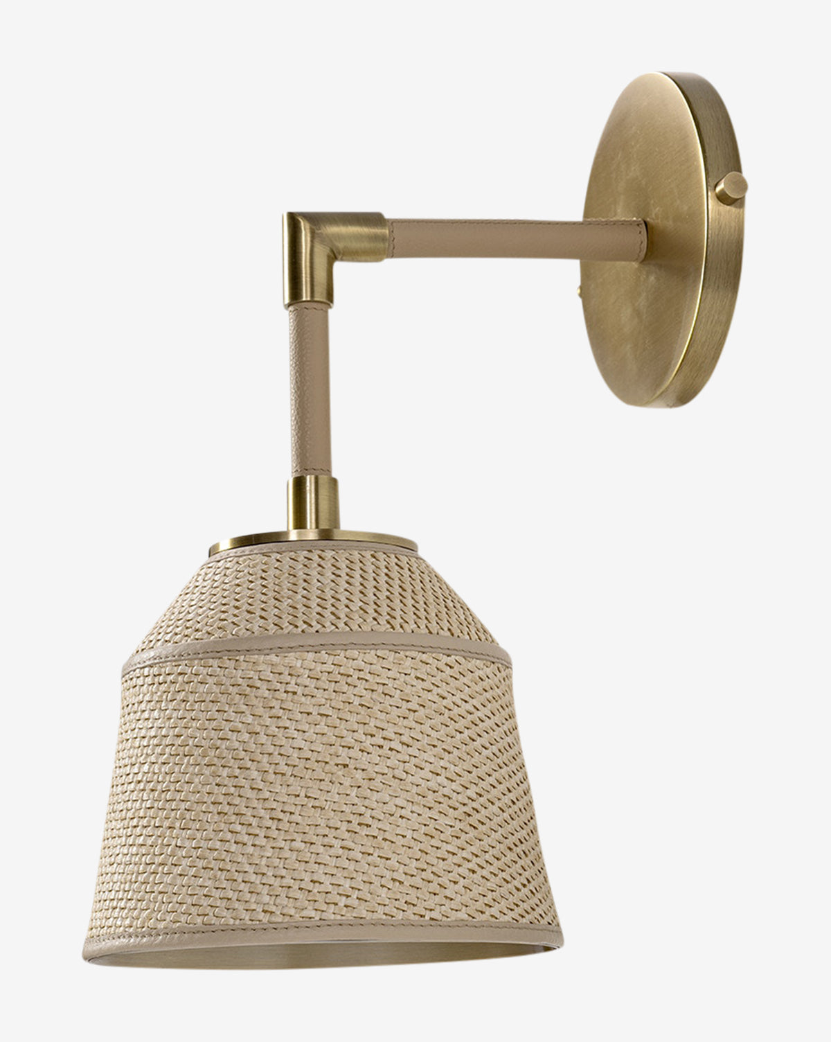 The Capistrano Sconce by Palecek features a brass wall mount, angled leather-wrapped arm, and woven rattan shade, blending modern style with natural warmth for an inviting look. Vendixs