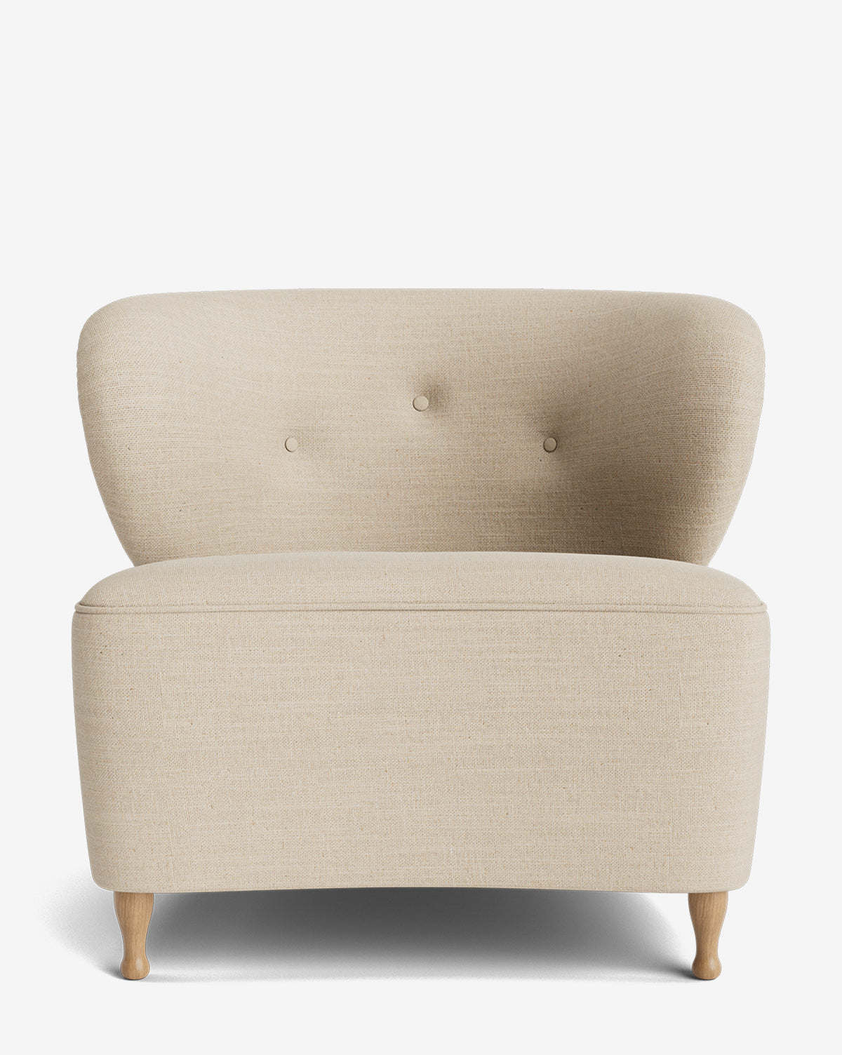 The Makerspalm Carmella Slipper Chair showcases beige designer upholstery, a curved back with three button accents, and elegant red oak legs, displayed against a plain white background. Vendixs