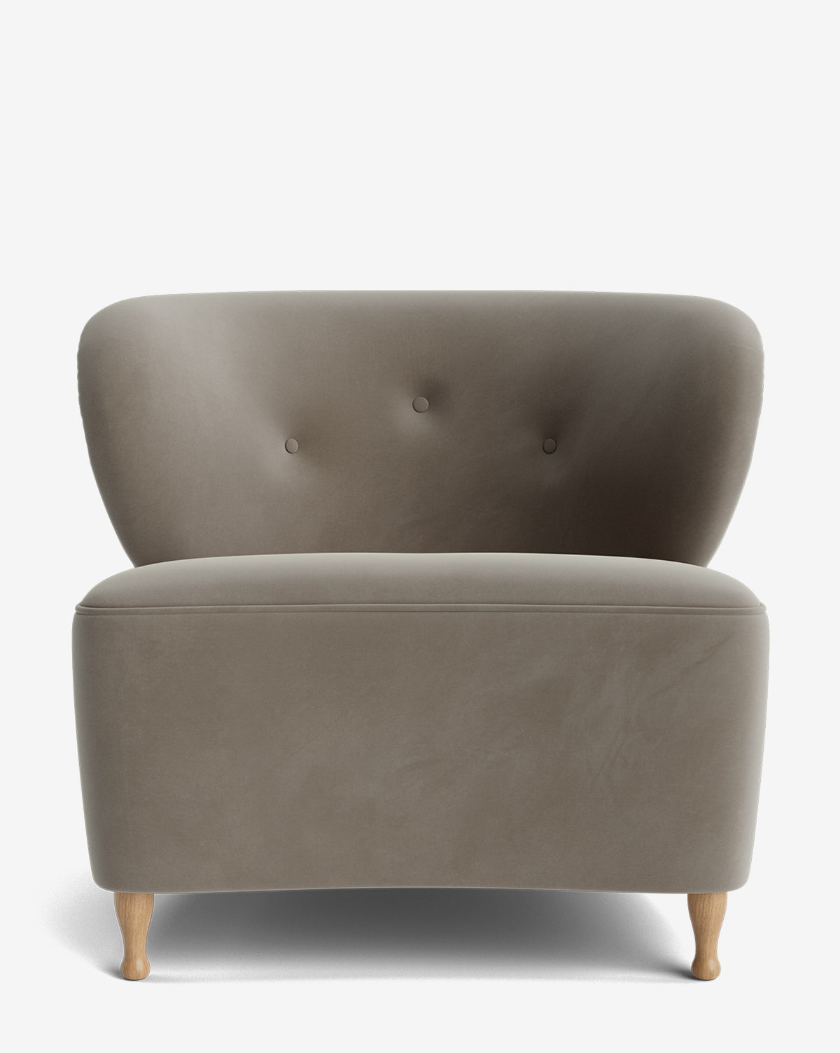 The Carmella Slipper Chair features a curved backrest, three button tufts, soft taupe designer upholstery, and light red oak legs, shown from the front against a white background by McGee & Co.