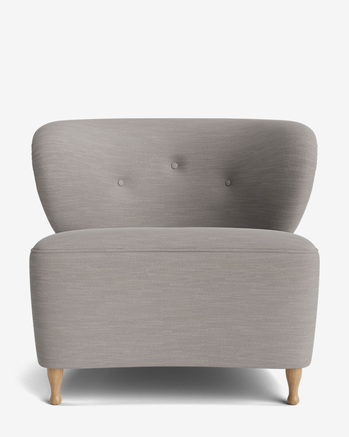 The Carmella Slipper Chair, in light grey designer upholstery, showcases a curved back with three buttons and four elegant red oak legs, set against a plain white background by McGee & Co.