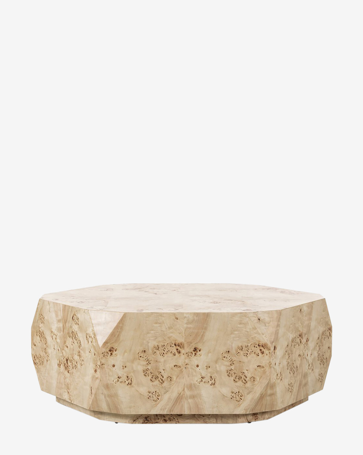 The Cecily Coffee Table features a low, faceted polygonal design crafted from light poplar burl wood, offering standout contemporary style against any plain background, by Vendixs