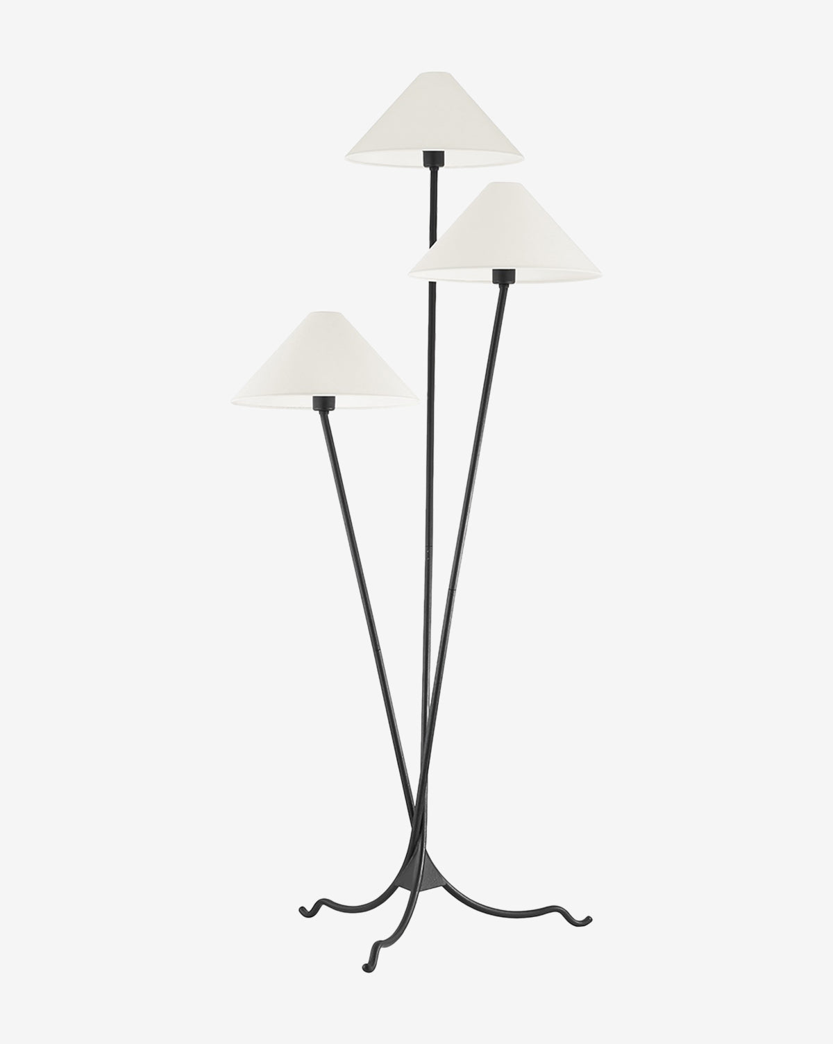 The Cedar Floor Lamp by Troy Lighting features three slender black metal rods, white cone-shaped lampshades, and a tripod base with curved feet—ideal for adding modern elegance to your living room. Vendixs